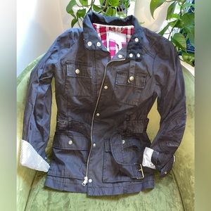 Banana Republic Black Belted Military Jacket Plaid and Striped Patterned Lining